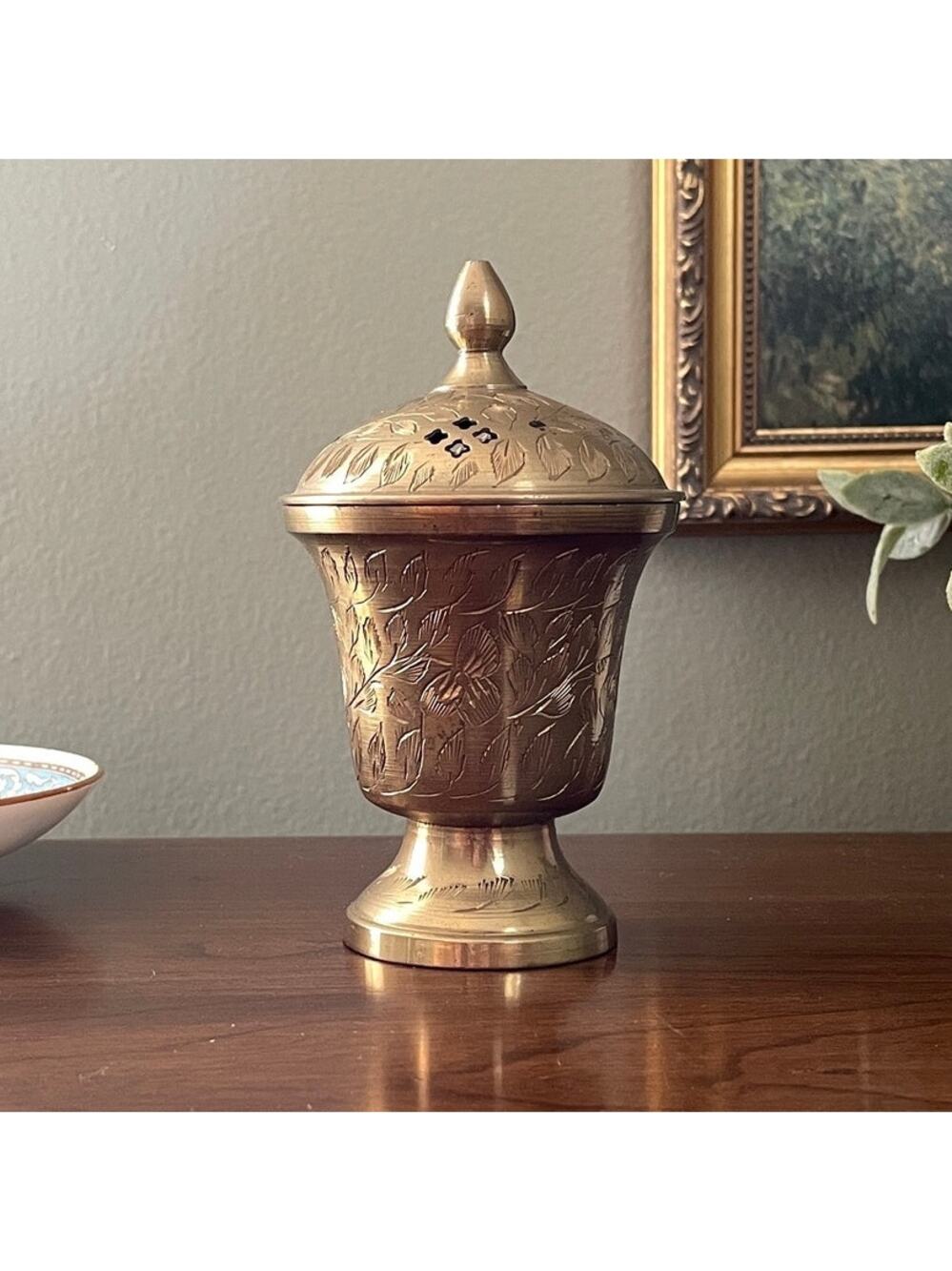 Vintage Etched Floral Brass Incense Burner from India | Boho Meditation